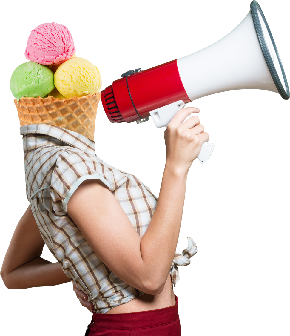 Close Up of Person with Ice Cream Head and Megaphone